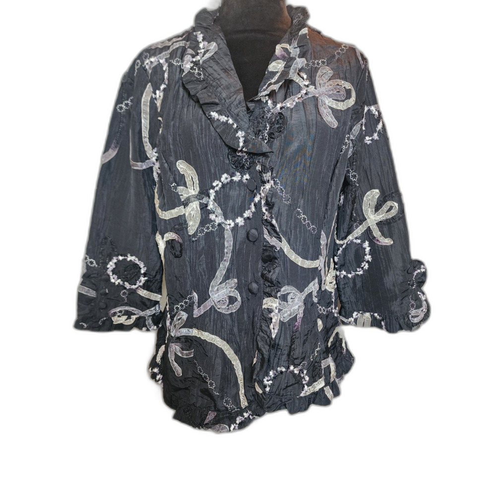 Agora L Black Crinkle Ruffle Ribbon Embroidered Blouse Jacket Witchy Whimsigoth